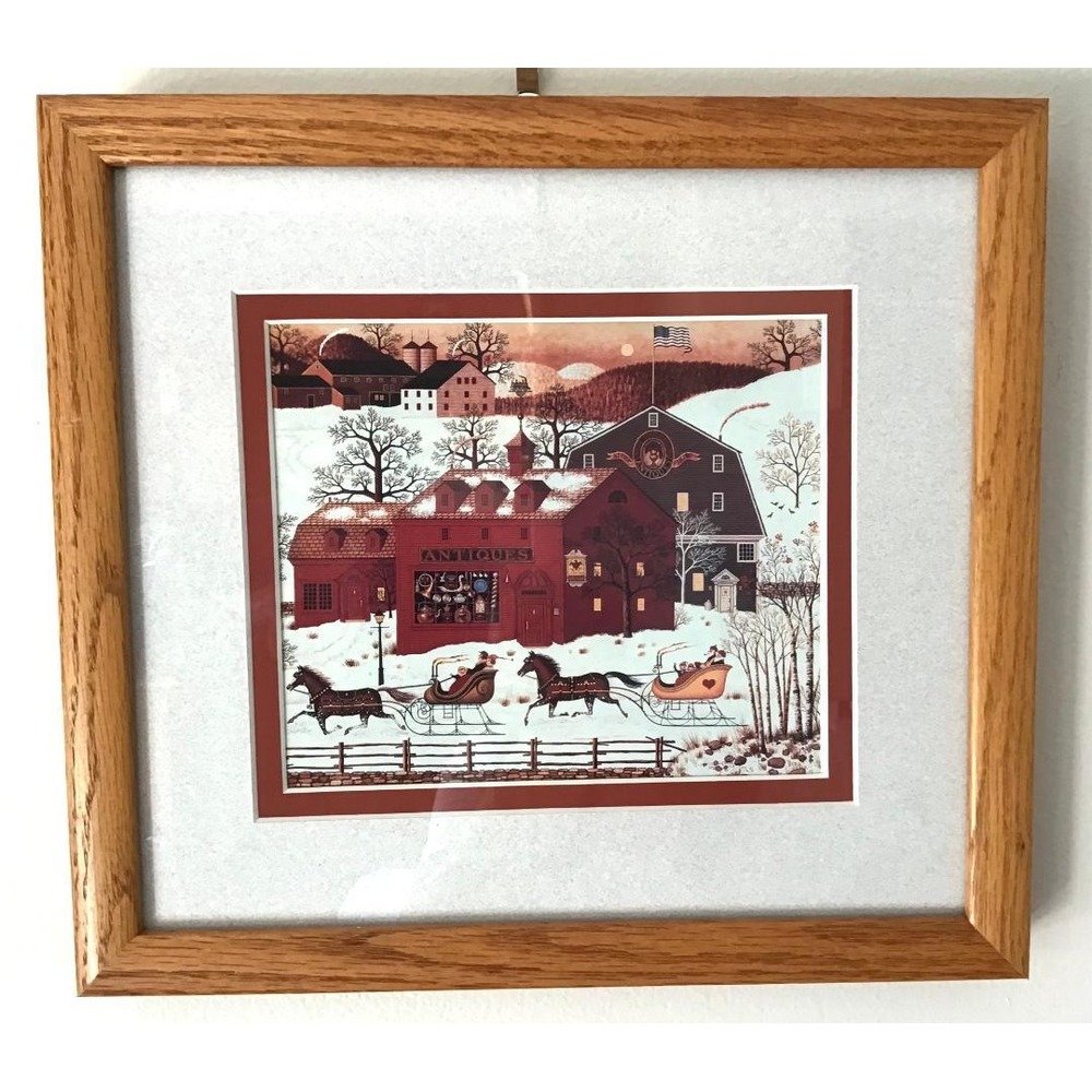 VTG Charles Wysocki Family Racers Winter Folk Art Framed Oak Frame 10.5x9.5